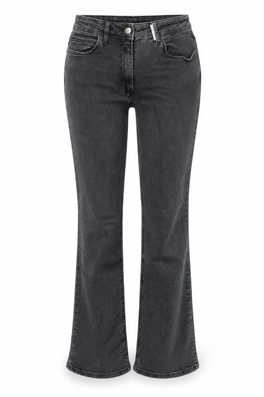 Front view of Collusion women’s grey cotton bootcut jeans, size UK 26, in, 30-inch leg regular button