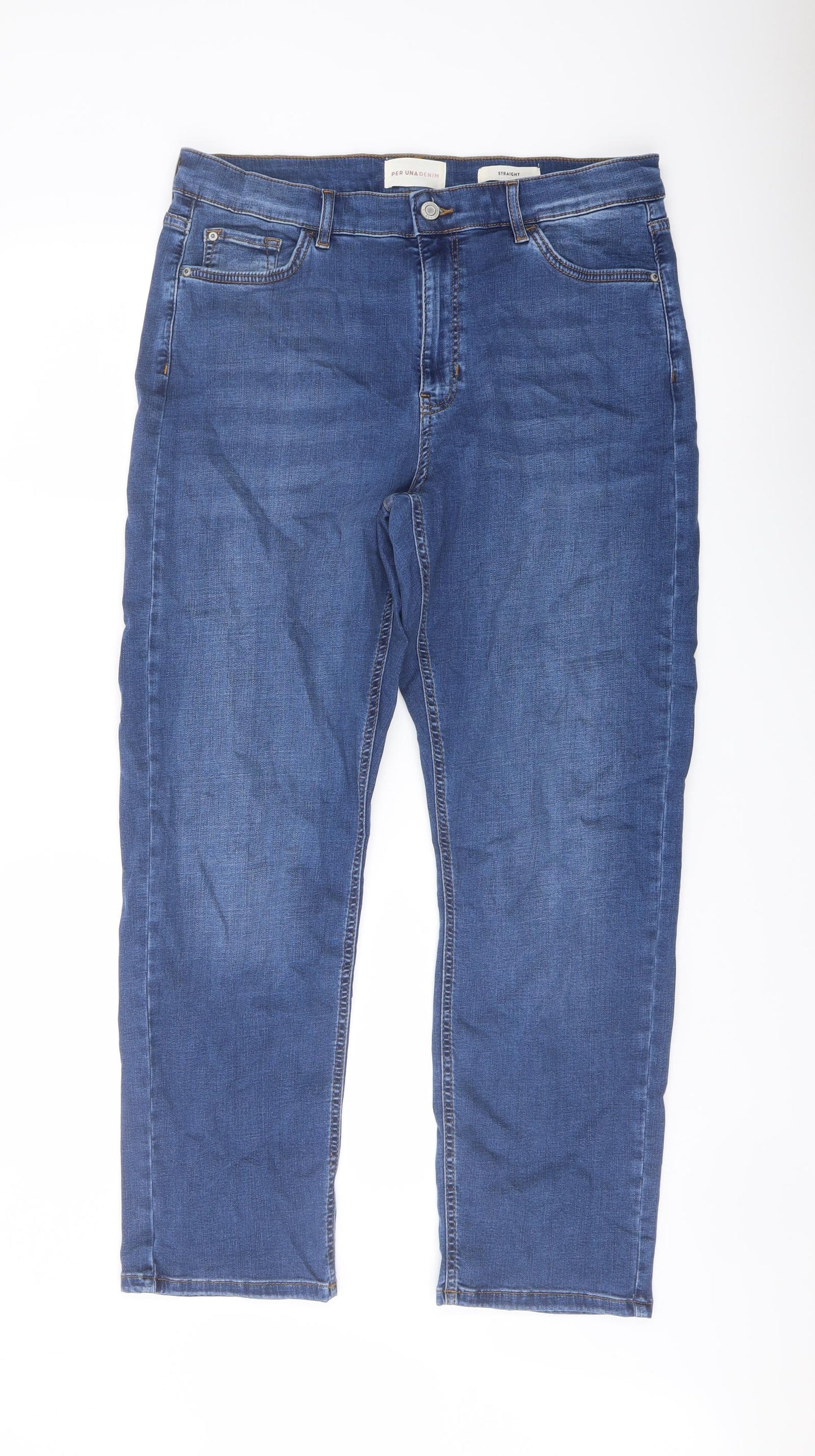 Per Una Womens Blue Cotton Straight Jeans Size 16 L29 in Regular Button