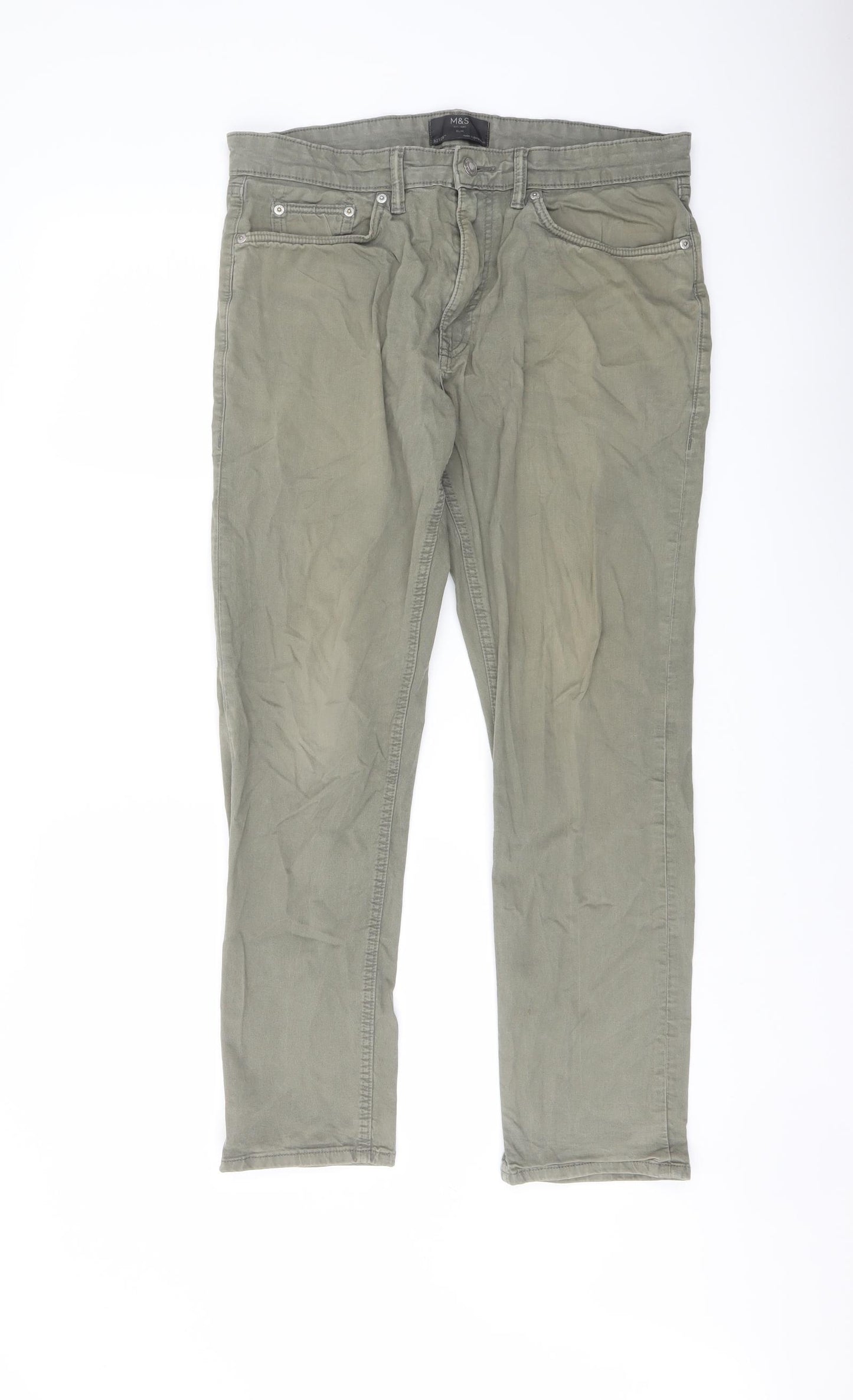 Marks and Spencer Mens Green Cotton Straight Jeans Size 32 in L29 in Slim Button