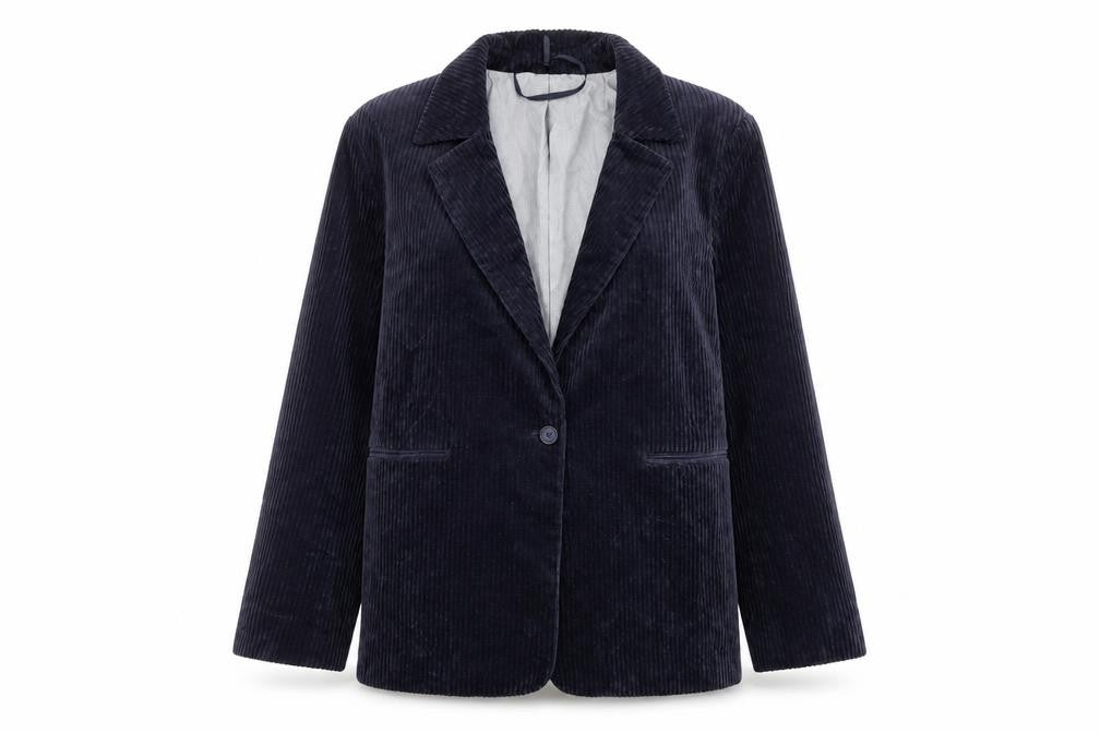 Front view of Per Una women’s blue jacket, size UK 10, button