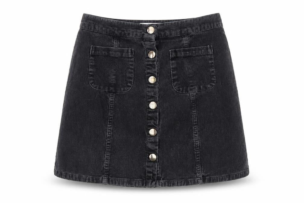 Front view of Cooperative women’s grey cotton a-line skirt, size S, button