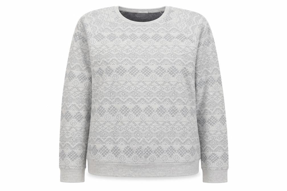 Front view of New Look women’s grey geometric cotton pullover sweatshirt, size UK 14, pullover