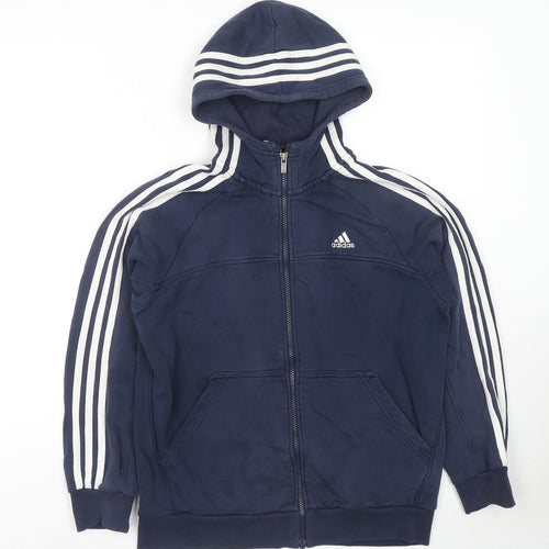 adidas Boys Blue Striped Cotton Full Zip Hoodie Size 13-14 Years Zip - Logo