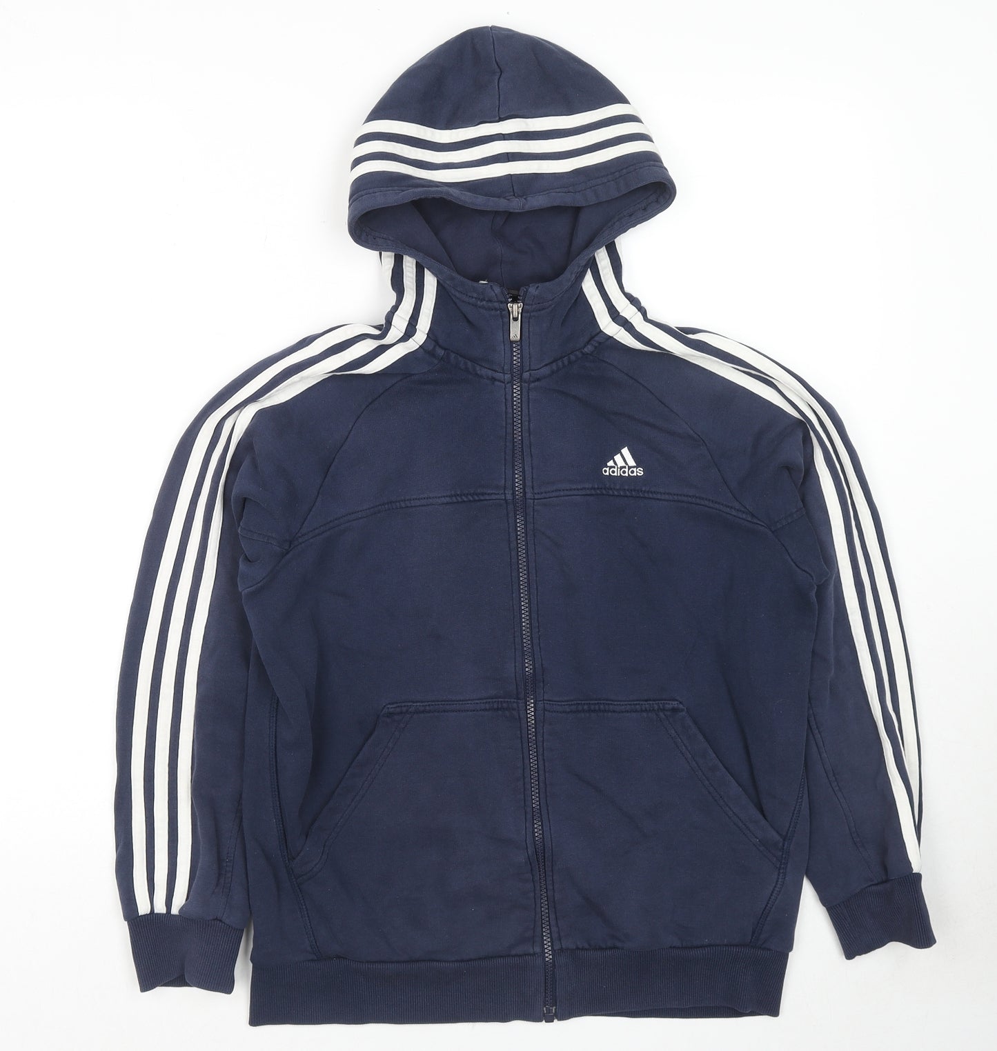 adidas Boys Blue Striped Cotton Full Zip Hoodie Size 13-14 Years Zip - Logo