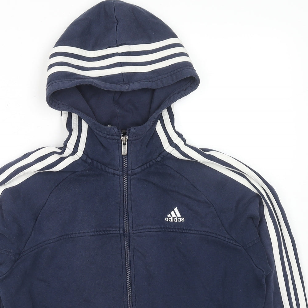adidas Boys Blue Striped Cotton Full Zip Hoodie Size 13-14 Years Zip - Logo