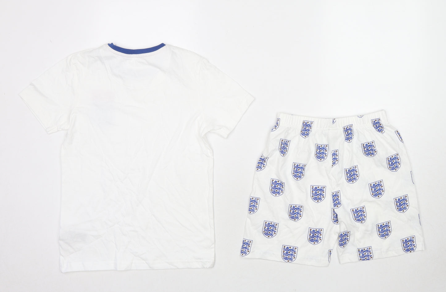 Marks and Spencer Boys White Cotton Basic T-Shirt Size 8-9 Years Round Neck Pullover - England Shorts Set