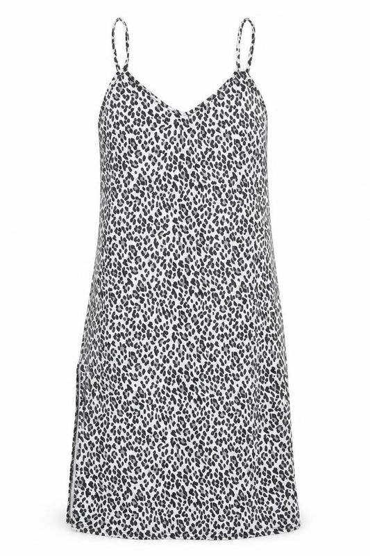 Front view of Boohoo women’s multicoloured animal print cotton tank dress, size UK 10, v-neck pullover - side slit(s)