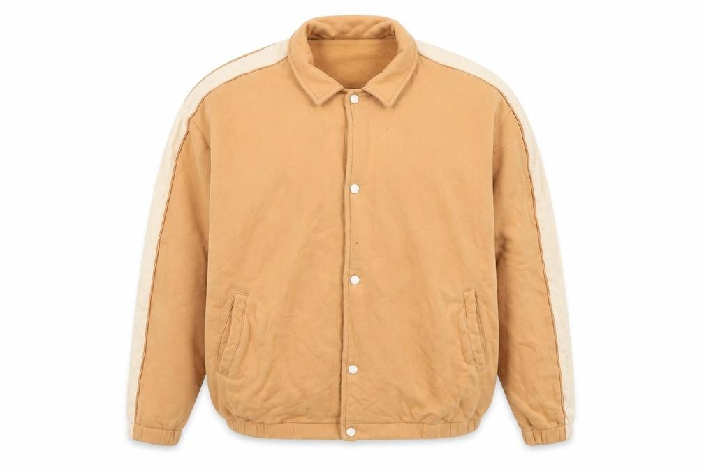 Front view of ASOS men’s beige varsity jacket jacket, size L, snap