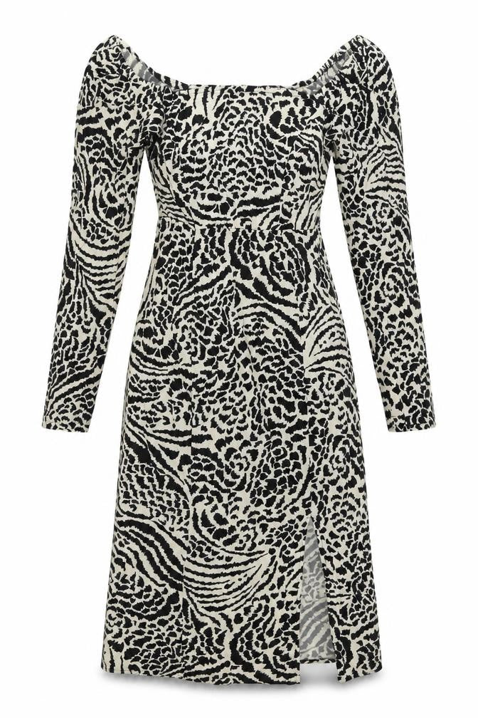 Front view of Miss Selfridge women’s black viscose a-line, size UK 4, off the shoulder pullover - side slit(s)