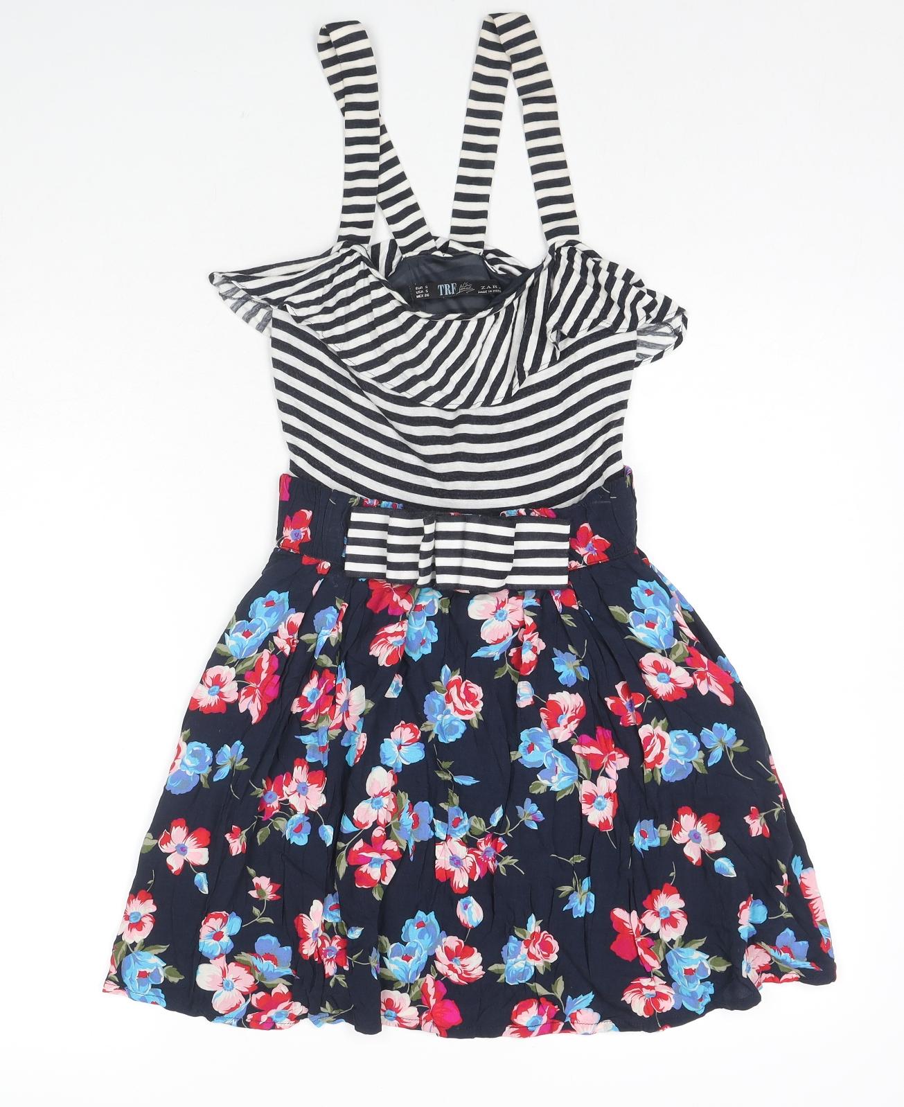 Zara Womens Multicoloured Striped Viscose Tank Dress Size S Square Neck Pullover - Flowers