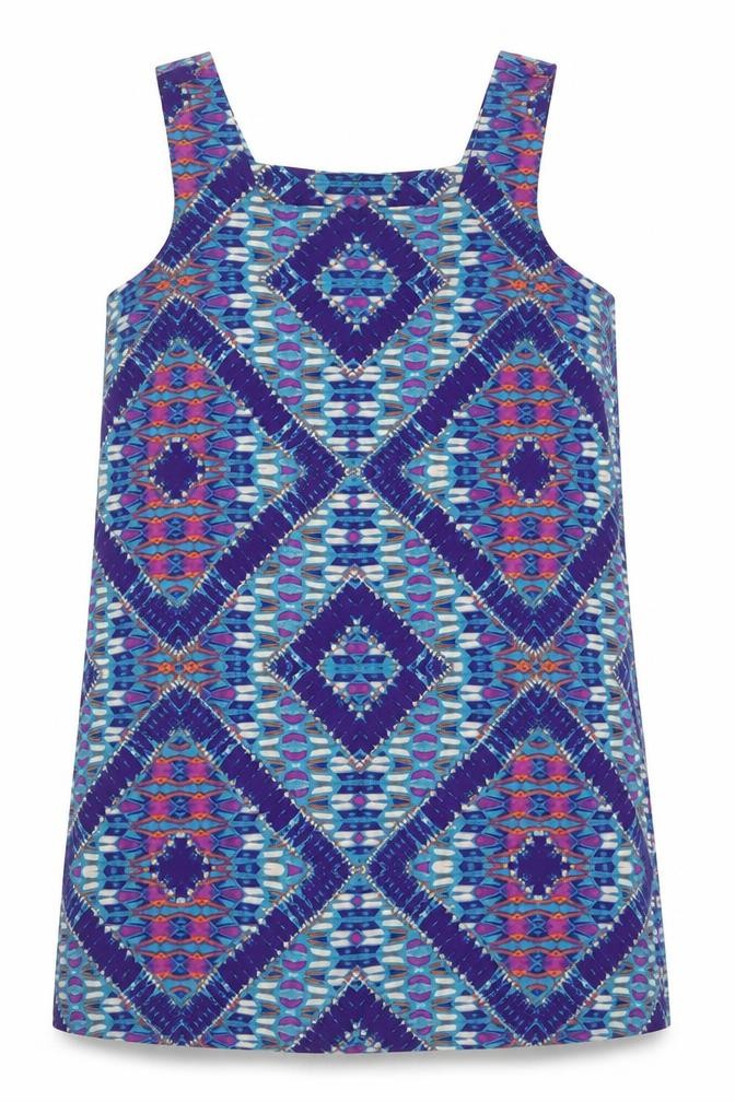 Front view of New Look women’s multicoloured geometric polyester basic tank, size UK 12, square neck