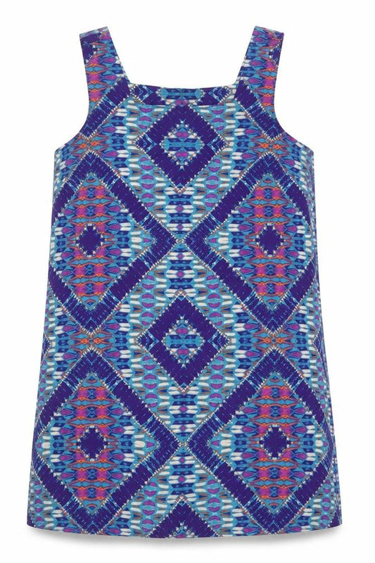 Front view of New Look women’s multicoloured geometric polyester basic tank, size UK 12, square neck