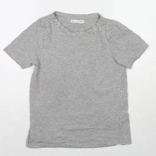 Sfera Womens Grey Polyester Basic T-Shirt Size S Round Neck - Beaded Detail