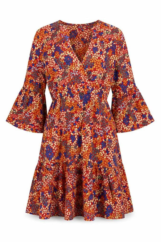 Front view of Jubylee women’s multicoloured geometric viscose a-line, size S, v-neck pullover - floral print, size S-m