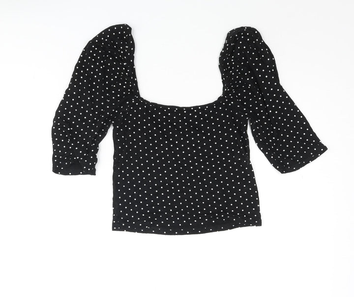 Missguided Womens Black Polka Dot Viscose Cropped Blouse Size 8 Square Neck
