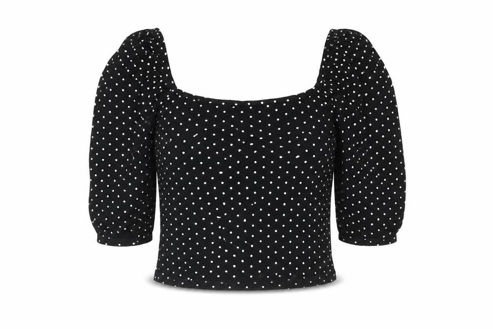 Front view of Missguided women’s black polka dot viscose cropped blouse, size UK 8, square neck