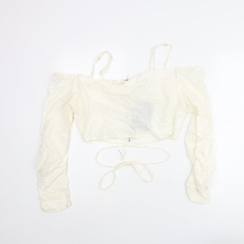 PRETTYLITTLETHING Womens Ivory Cotton Cropped Blouse Size 12 Off the Shoulder - Strap Wrap Detail Cold Soulder