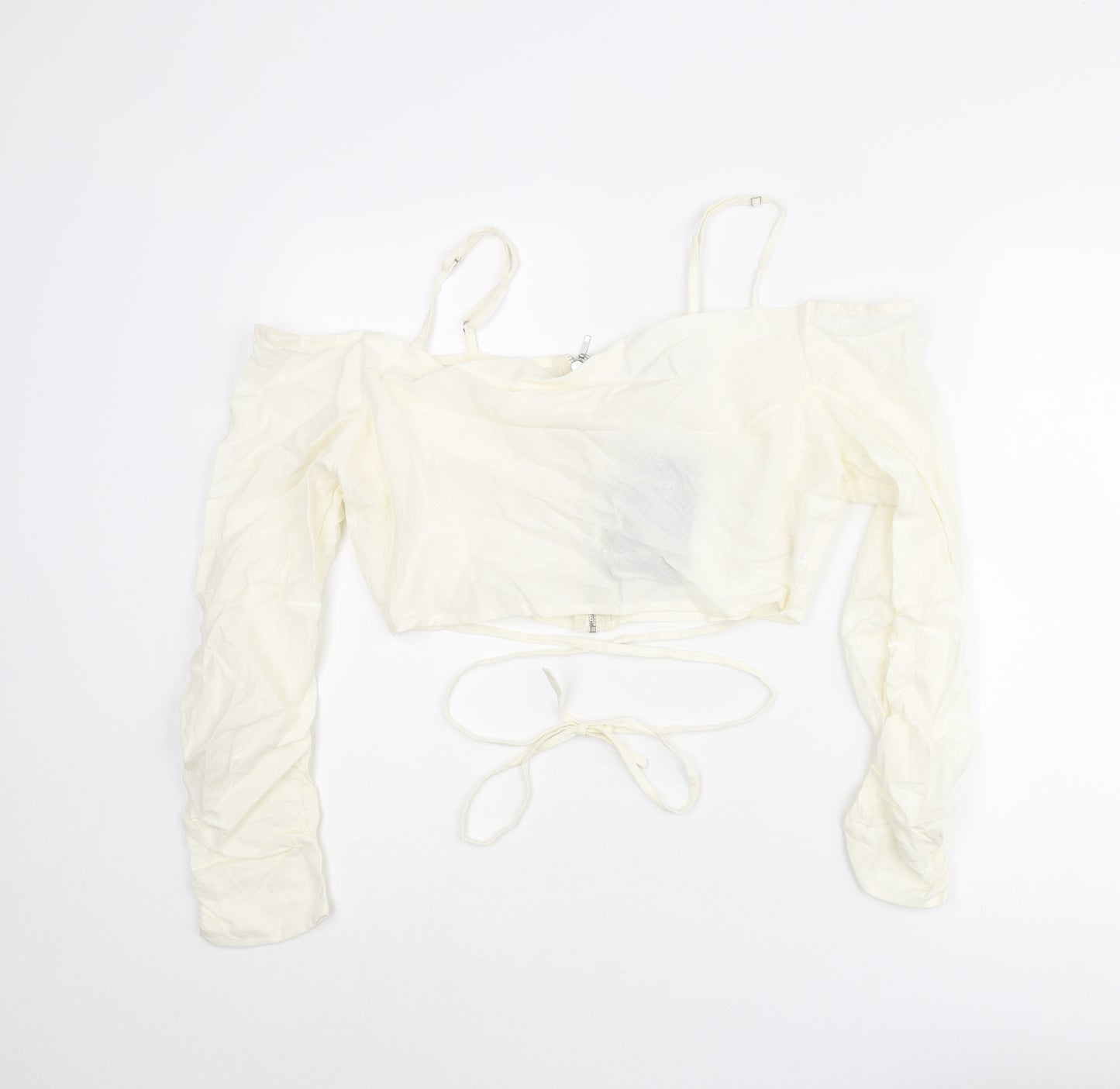 PRETTYLITTLETHING Womens Ivory Cotton Cropped Blouse Size 12 Off the Shoulder - Strap Wrap Detail Cold Soulder