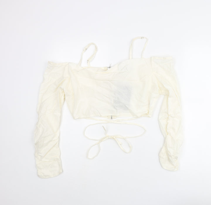 PRETTYLITTLETHING Womens Ivory Cotton Cropped Blouse Size 12 Off the Shoulder - Strap Wrap Detail Cold Soulder