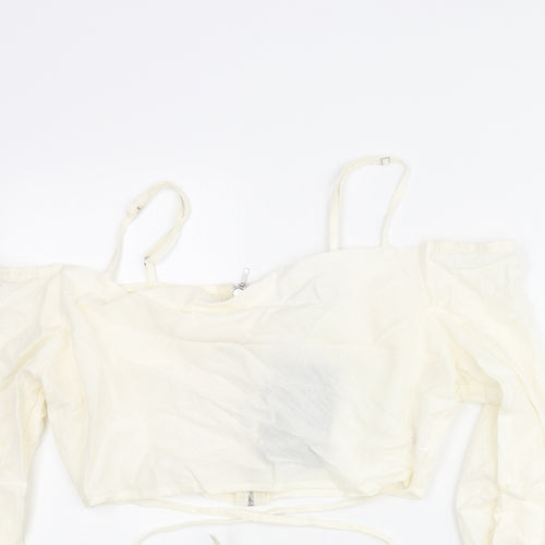 PRETTYLITTLETHING Womens Ivory Cotton Cropped Blouse Size 12 Off the Shoulder - Strap Wrap Detail Cold Soulder