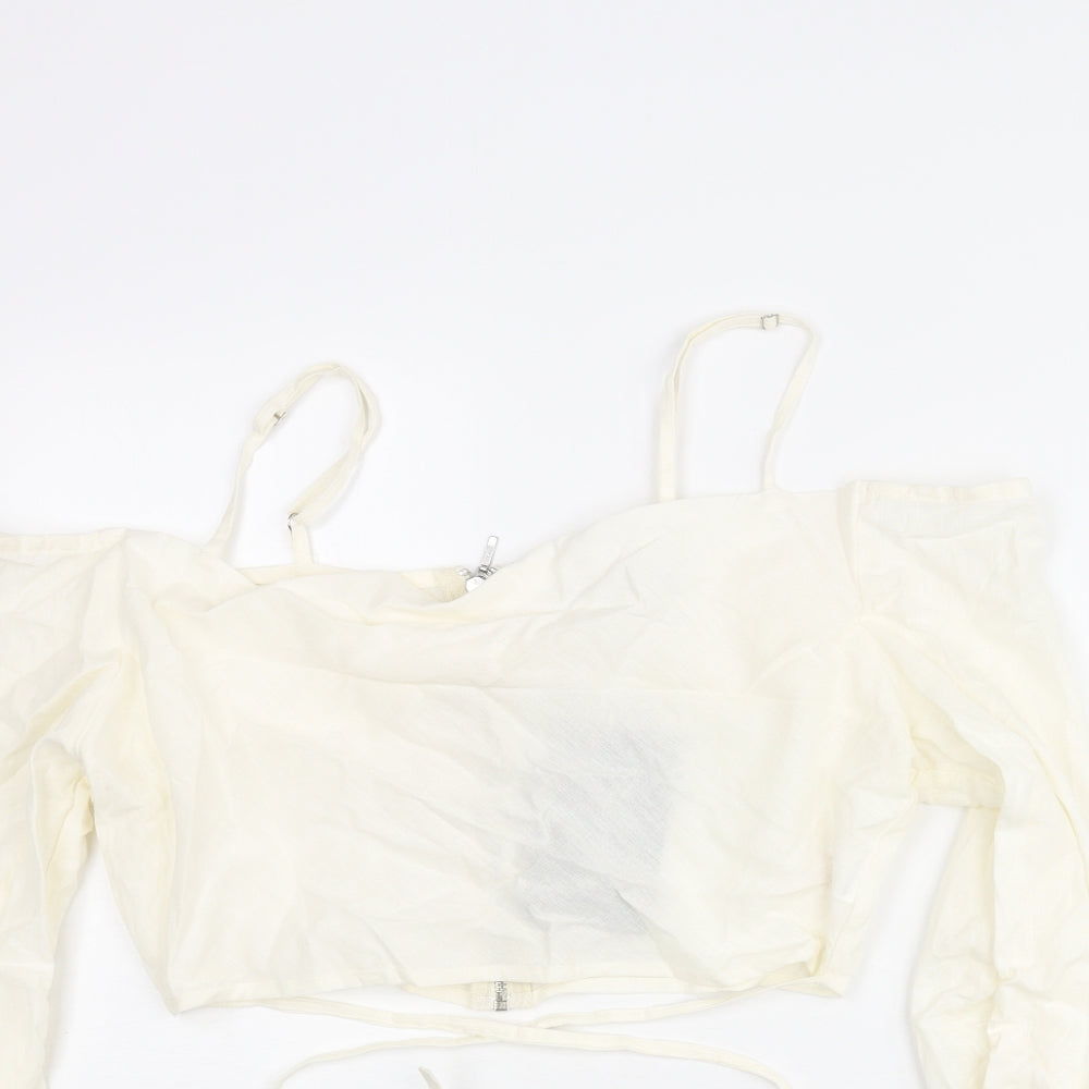 PRETTYLITTLETHING Womens Ivory Cotton Cropped Blouse Size 12 Off the Shoulder - Strap Wrap Detail Cold Soulder