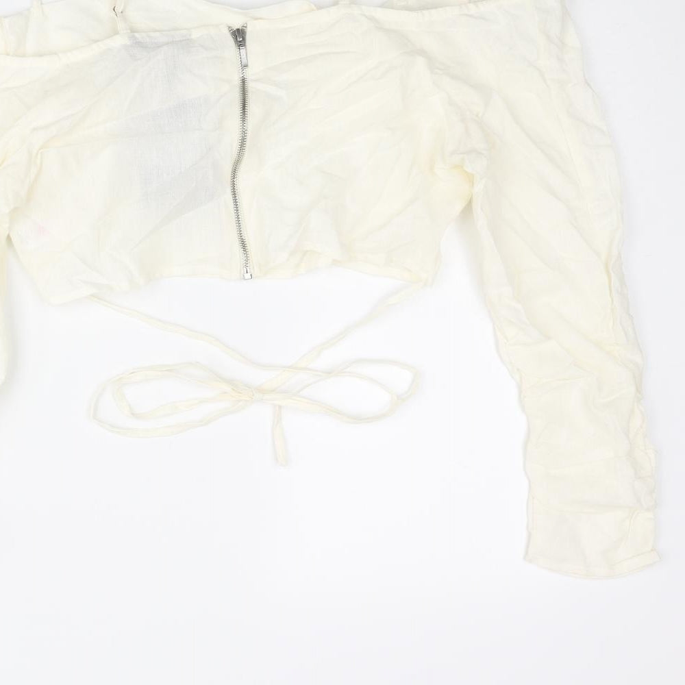 PRETTYLITTLETHING Womens Ivory Cotton Cropped Blouse Size 12 Off the Shoulder - Strap Wrap Detail Cold Soulder
