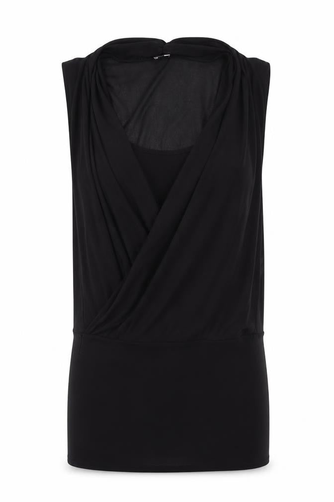 Front view of River Island women’s black polyester tunic blouse, size UK 10, v-neck - layered wrap style