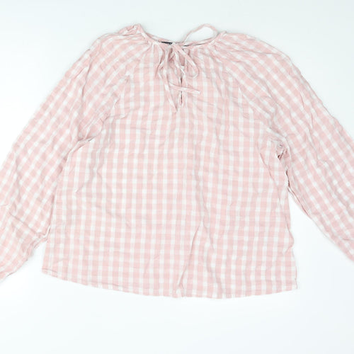 Marks and Spencer Womens Pink Check Cotton Basic Blouse Size 10 Round Neck - Keyhole Neck