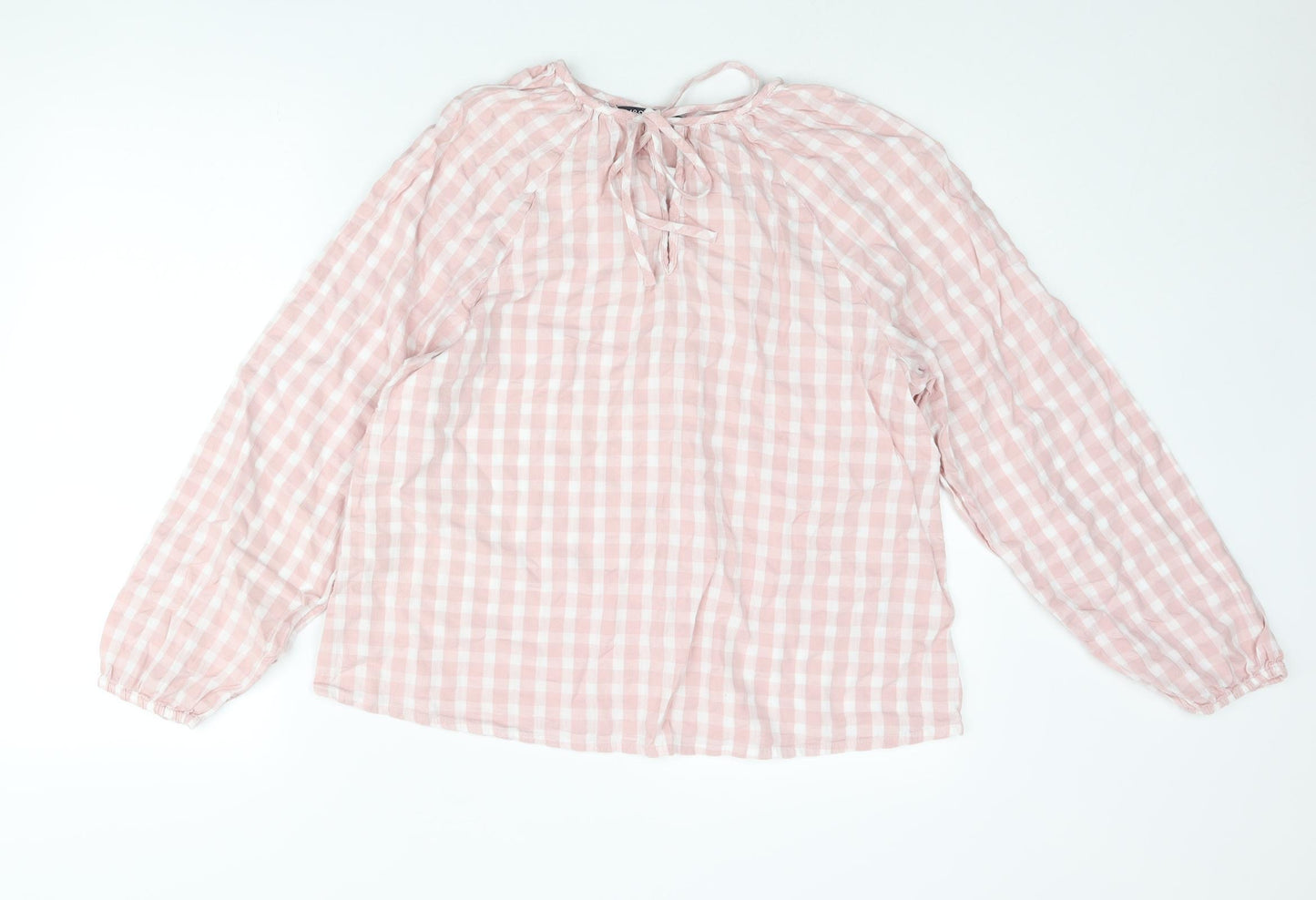 Marks and Spencer Womens Pink Check Cotton Basic Blouse Size 10 Round Neck - Keyhole Neck
