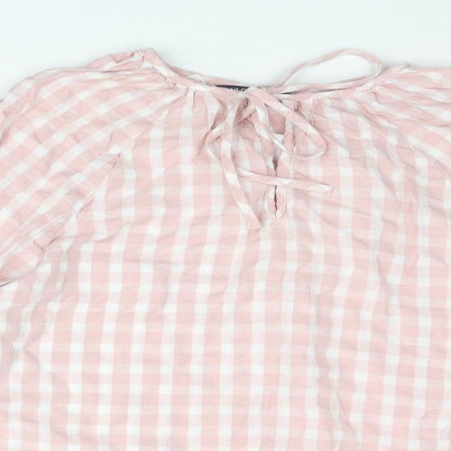 Marks and Spencer Womens Pink Check Cotton Basic Blouse Size 10 Round Neck - Keyhole Neck
