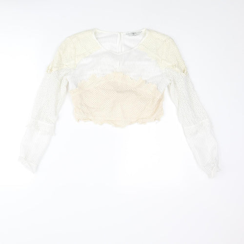 NEXT Womens White Polyester Cropped Blouse Size 8 Round Neck - Lace Detail