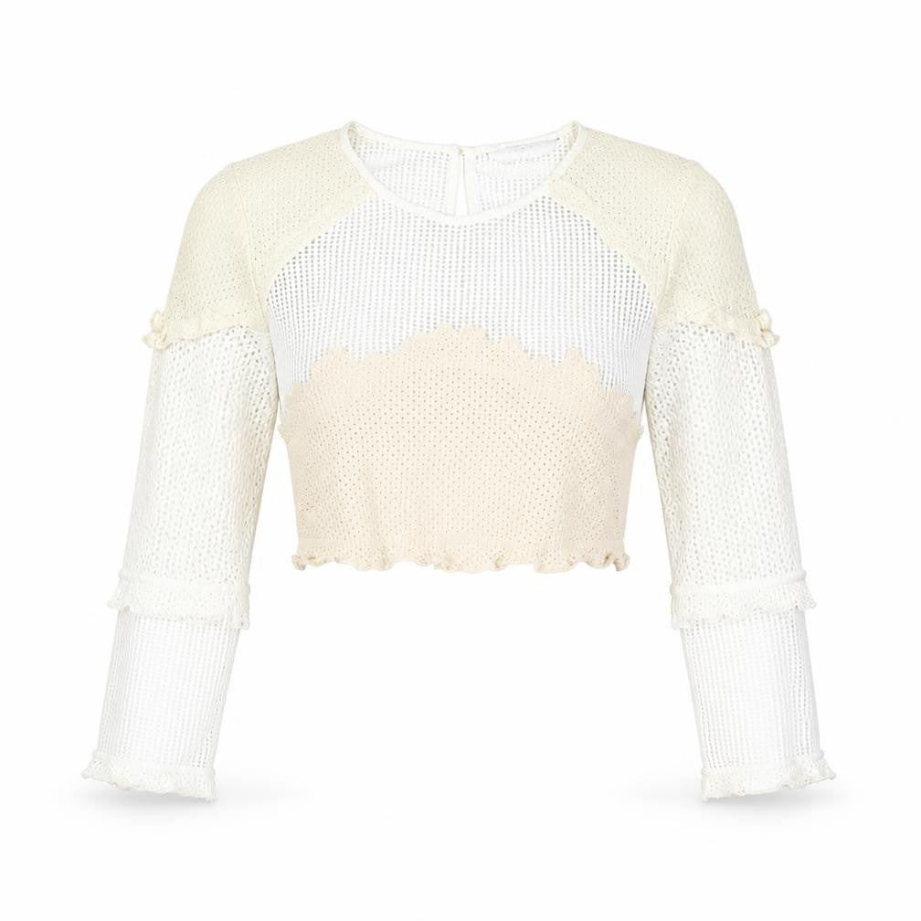 Front view of Next women’s white polyester cropped blouse, size UK 8, round neck - lace detail