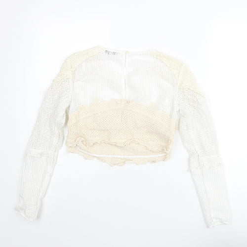 NEXT Womens White Polyester Cropped Blouse Size 8 Round Neck - Lace Detail