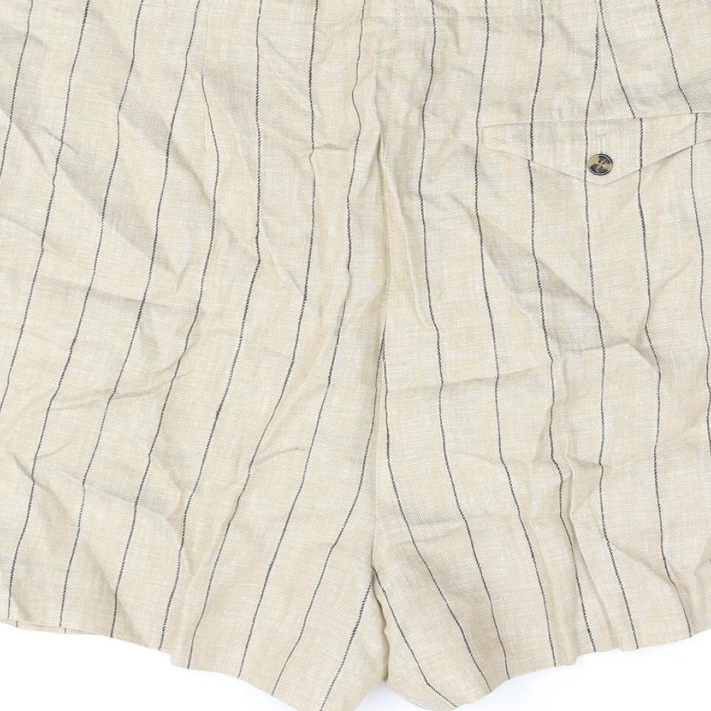 Marks and Spencer Womens Beige Striped Polyester Basic Shorts Size 36 in L4 in Regular Zip