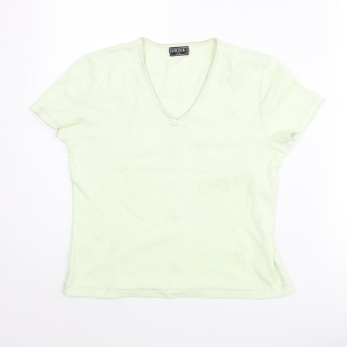 Obzee Womens Green Cotton Basic T-Shirt Size S V-Neck - Size S-M Floral Embroidery Bow