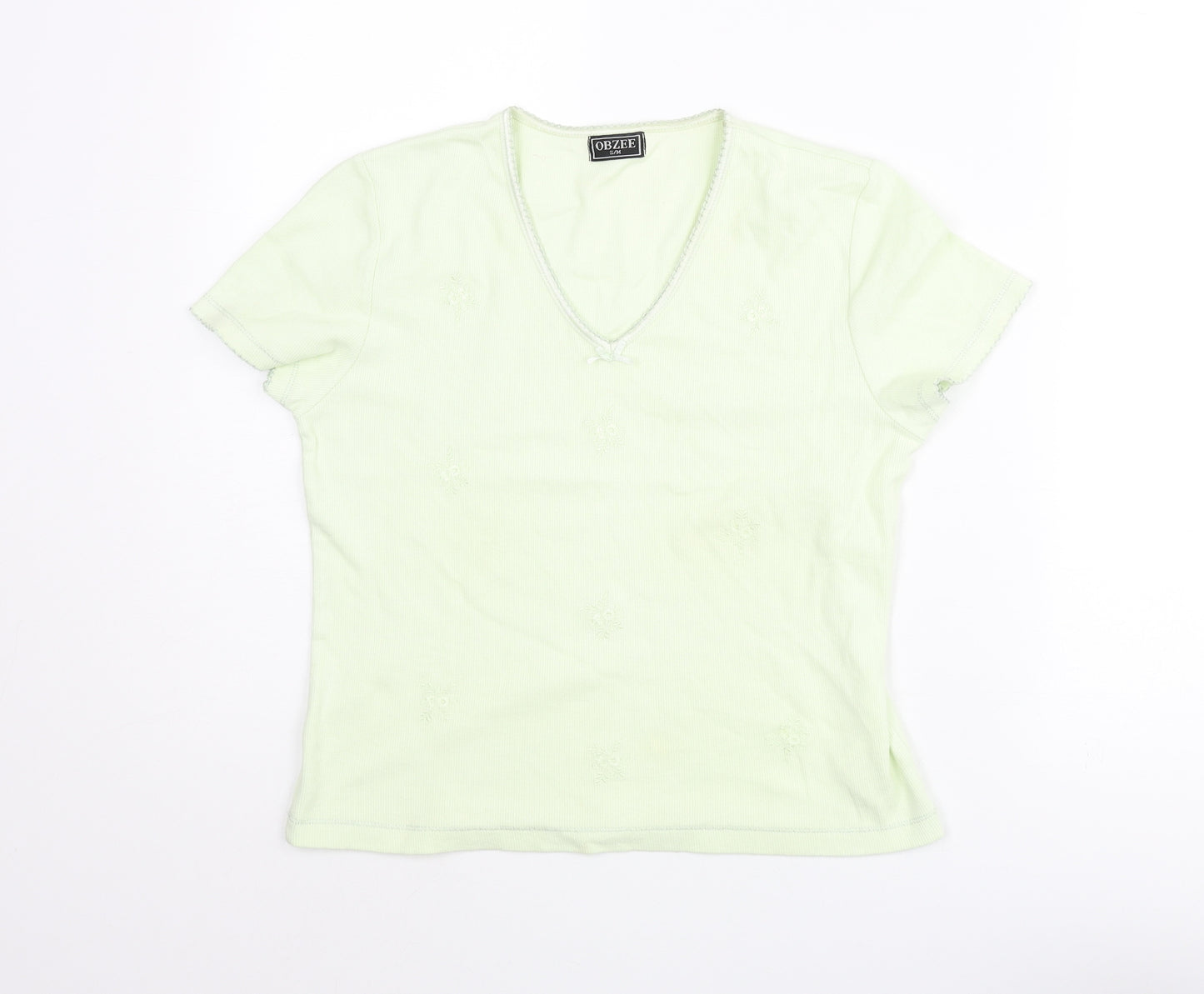 Obzee Womens Green Cotton Basic T-Shirt Size S V-Neck - Size S-M Floral Embroidery Bow