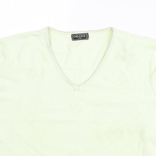 Obzee Womens Green Cotton Basic T-Shirt Size S V-Neck - Size S-M Floral Embroidery Bow