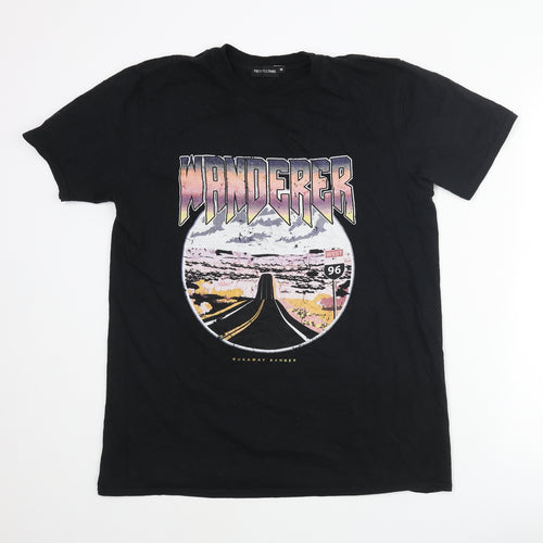 PRETTYLITTLETHING Womens Black Polyester Basic T-Shirt Size M Round Neck - Wanderer Road Print