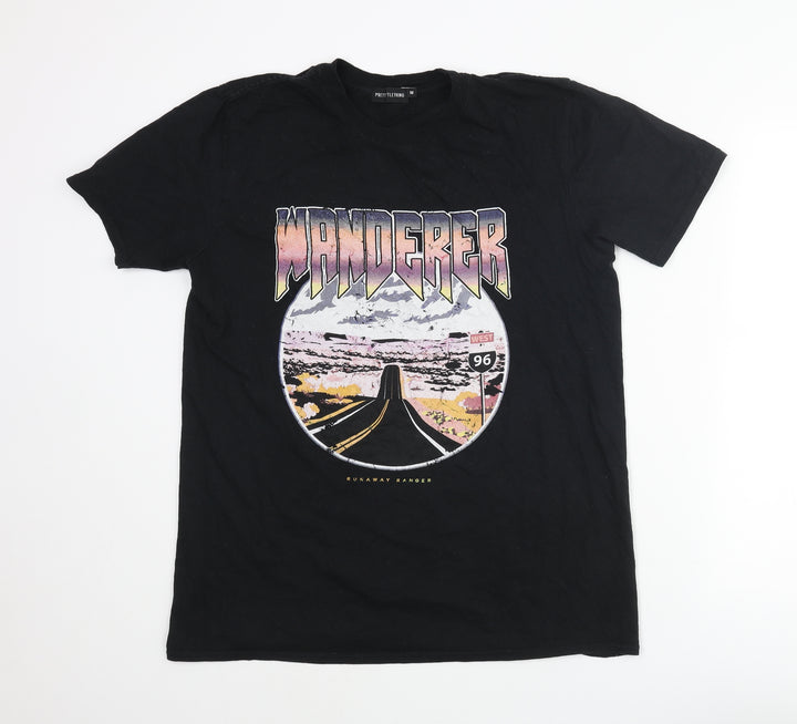 PRETTYLITTLETHING Womens Black Polyester Basic T-Shirt Size M Round Neck - Wanderer Road Print