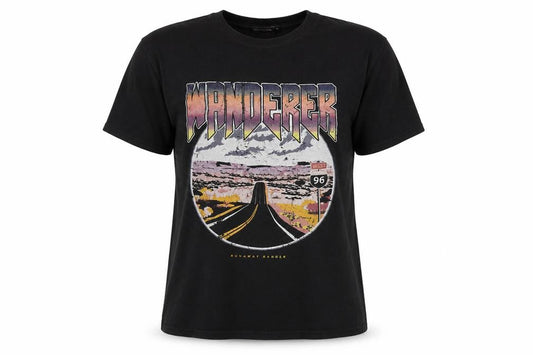 Front view of PRETTYLITTLETHING women’s black polyester basic t-shirt, size M, round neck - wanderer road print