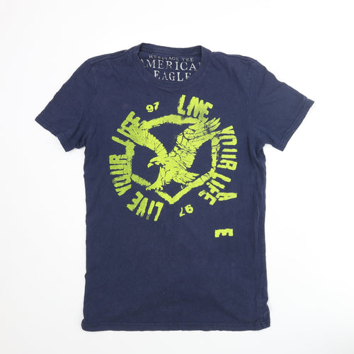 American Eagle Mens Blue Cotton T-Shirt Size S Round Neck - Eagle Print