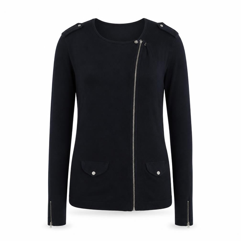 Front view of Gerard Darel women’s blue round neck viscose full zip jumper, size UK 6