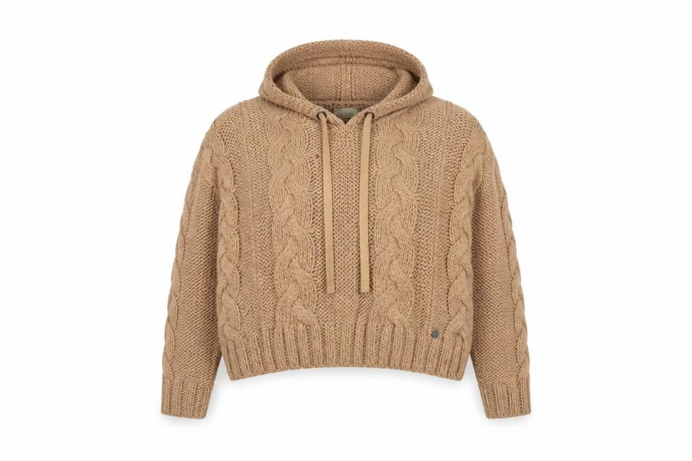 Front view of BSB women’s beige round neck acrylic jumper, size M, - hooded cropped