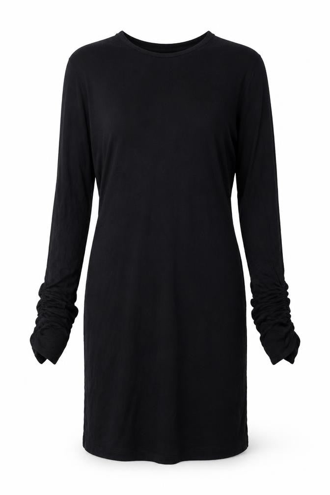 Front view of Miss Selfridge women’s black viscose shift, size UK 10, round neck pullover - rouched sleeve