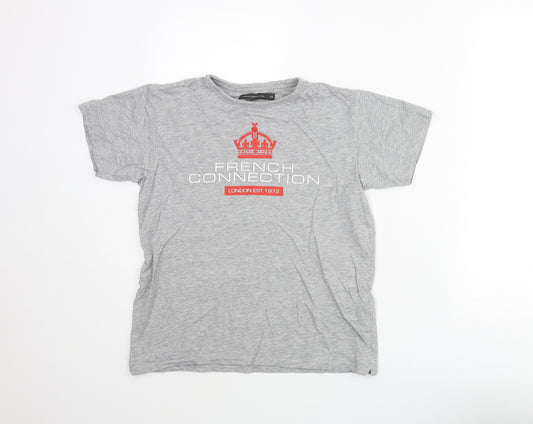 French Connection Boys Grey Cotton Basic T-Shirt Size 11-12 Years Crew Neck Pullover - Logo Print