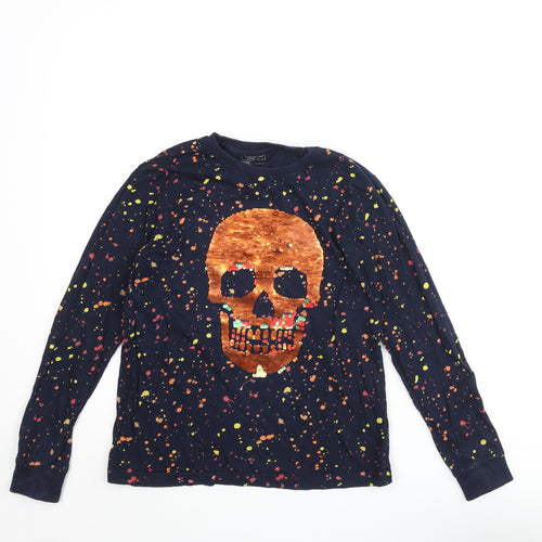 NEXT Boys Blue Geometric Cotton Basic T-Shirt Size 10 Years Round Neck Pullover - Sequin Skull