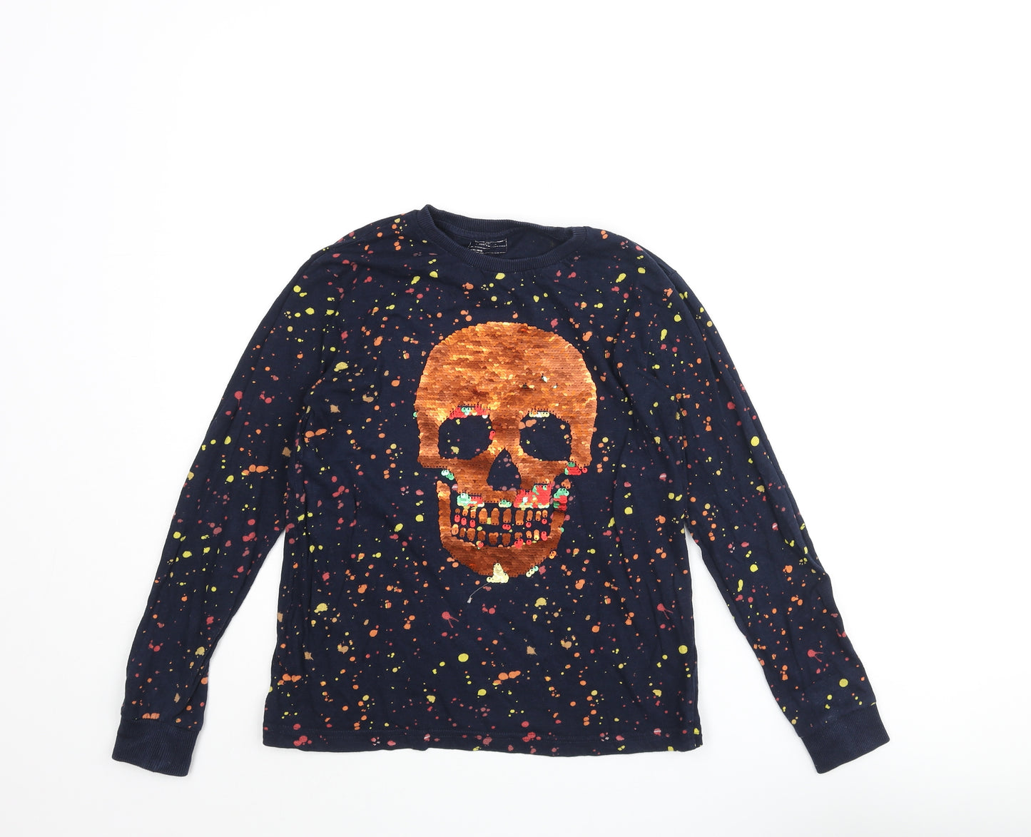 NEXT Boys Blue Geometric Cotton Basic T-Shirt Size 10 Years Round Neck Pullover - Sequin Skull