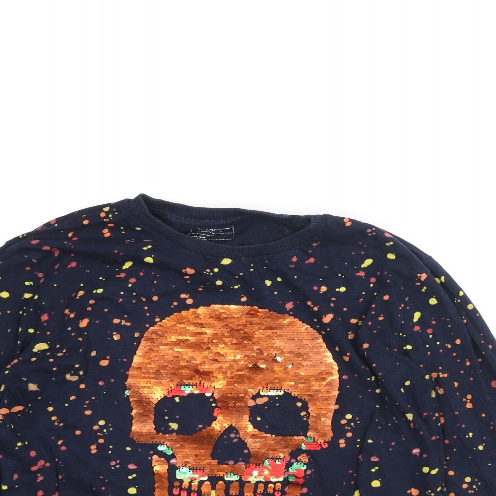 NEXT Boys Blue Geometric Cotton Basic T-Shirt Size 10 Years Round Neck Pullover - Sequin Skull