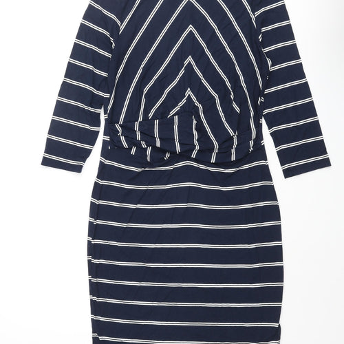 Marks and Spencer Womens Blue Striped Viscose Pencil Dress Size 10 Round Neck Pullover - Knot Detail