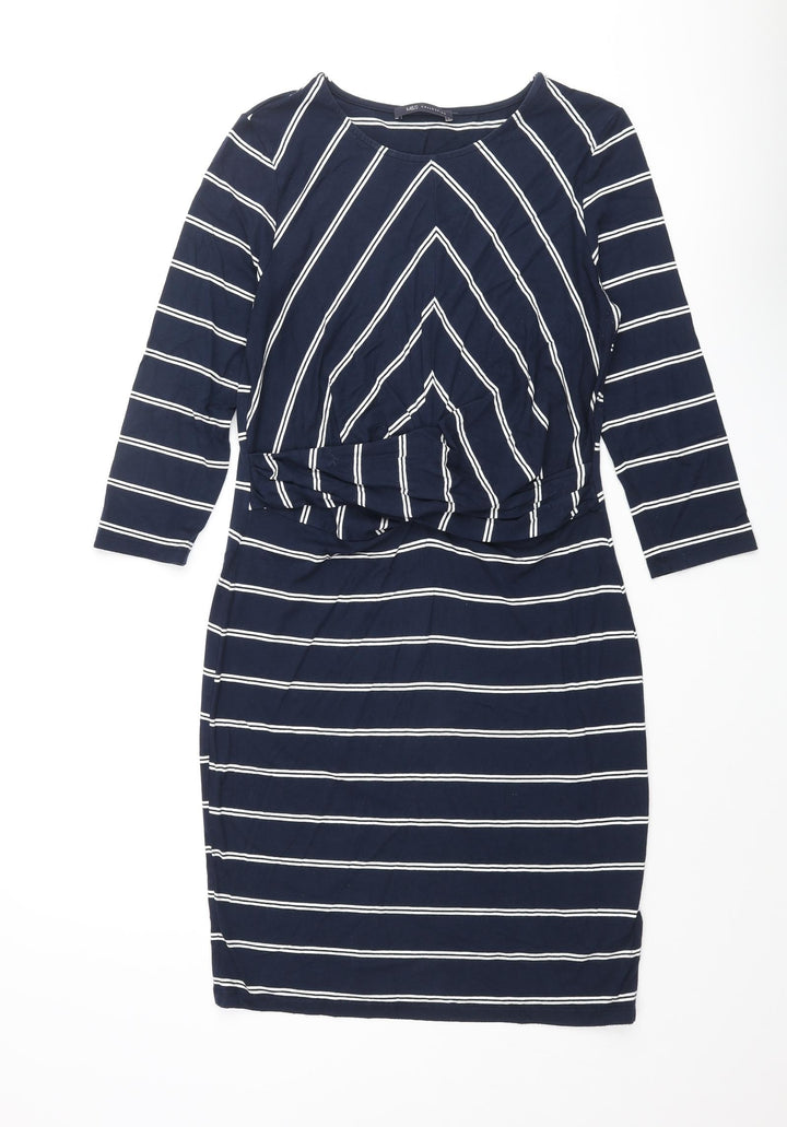 Marks and Spencer Womens Blue Striped Viscose Pencil Dress Size 10 Round Neck Pullover - Knot Detail